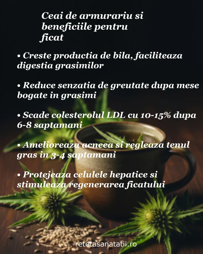 Infografic cu 5 beneficii ale ceaiului de armurariu: crește bila și facilitează digestia, reduce greutatea după mese, scade colesterolul LDL, ameliorează acneea, și protejează ficatul