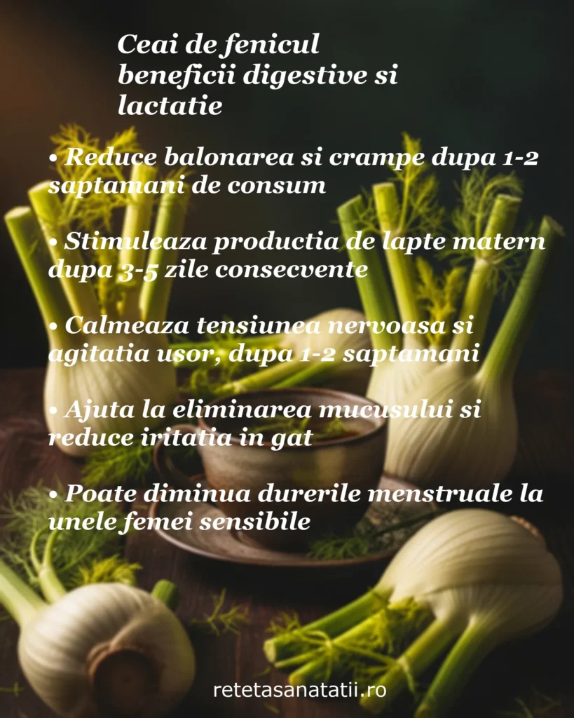 Infografic cu 5 beneficii ale ceaiului de fenicul: reduce balonarea, stimulează laptele matern, calmează tensiunea nervoasă, elimină mucusul din gât, și diminuează durerile menstruale