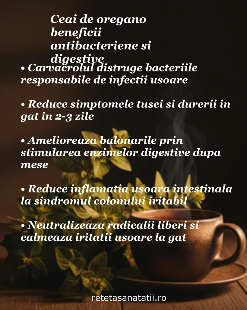 Infografic cu 5 beneficii ale ceaiului de oregano: carvacrolul distruge bacterii, reduce tusea în 2-3 zile, ameliorează balonările, reduce inflamația intestinală, și neutralizează radicalii liberi