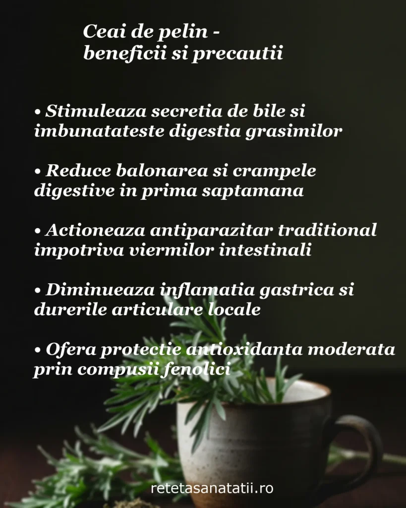 Infografic cu 5 beneficii ale ceaiului de pelin: stimulează secreția de bilă, reduce balonarea, acționează antiparazitar, diminuează inflamația gastrică, și oferă protecție antioxidantă
