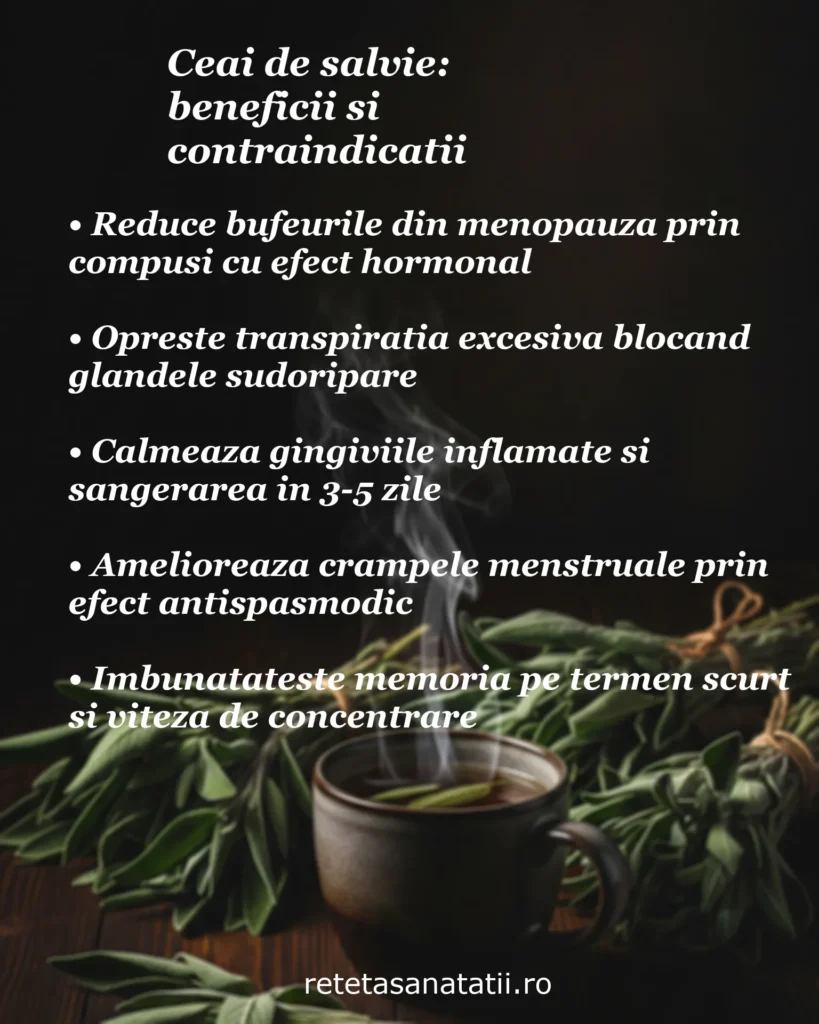 Infografic despre beneficiile și contraindicațiile ceaiului de salvie, cu frunze proaspete de salvie și o cană aburindă pe fundal întunecat, prezentând efectele asupra bufeurilor la menopauză, transpirației excesive, gingiviilor, crampelor menstruale și memoriei