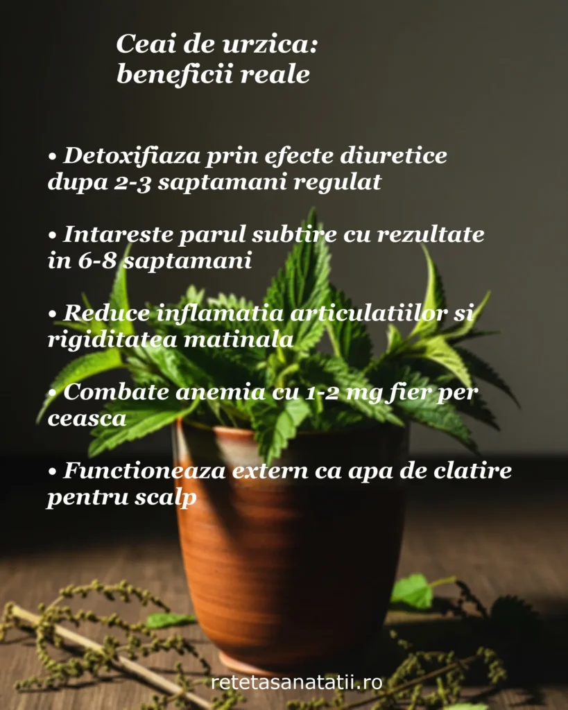 Infografic despre beneficiile reale ale ceaiului de urzică, cu frunze proaspete de urzică într-un vas de lut pe fundal întunecat, prezentând efectele diuretice, întărirea părului, reducerea inflamației articulațiilor, combaterea anemiei și utilizarea externă pentru scalp