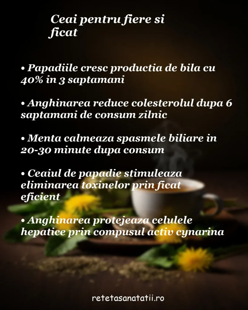 Infografic cu ceaiuri pentru fiere și ficat – păpădie, anghinare și mentă pentru bilă, colesterol și detoxifiere hepatică