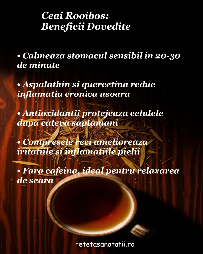 Infografic cu beneficiile dovedite ale ceaiului Rooibos – stomac sensibil, inflamații, antioxidanți, piele și relaxare de seară fără cafeină