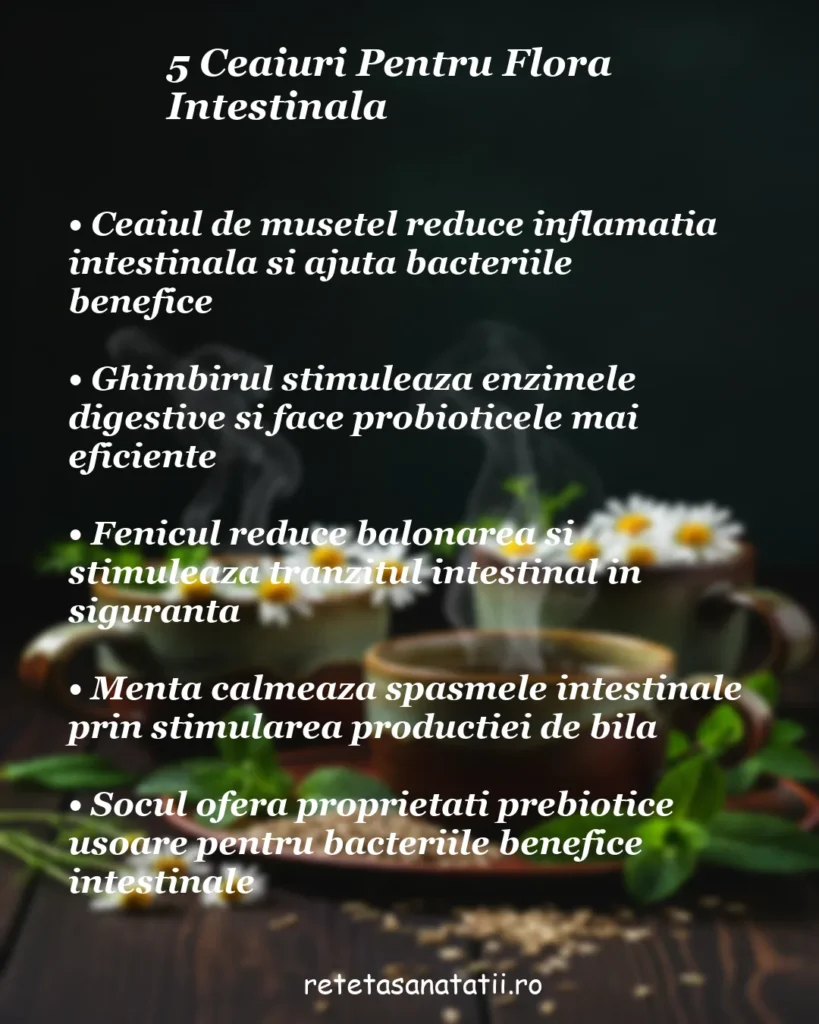 Infografic cu 5 ceaiuri pentru flora intestinală: mușețel, ghimbir, fenicul, mentă și soc, pe fundal cu cești de ceai aburind și flori de mușețel proaspete pe o masă rustică din lemn.