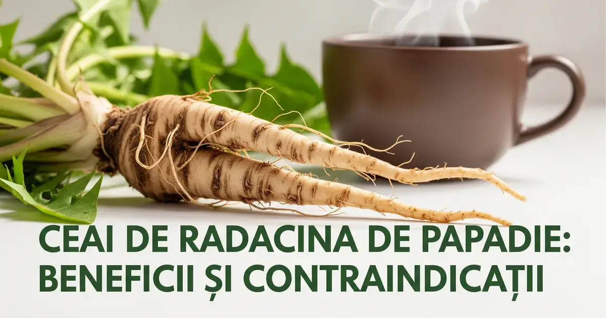 Rădăcină proaspătă de păpădie cu frunze verzi și o ceașcă de ceai aburind pe fundal alb