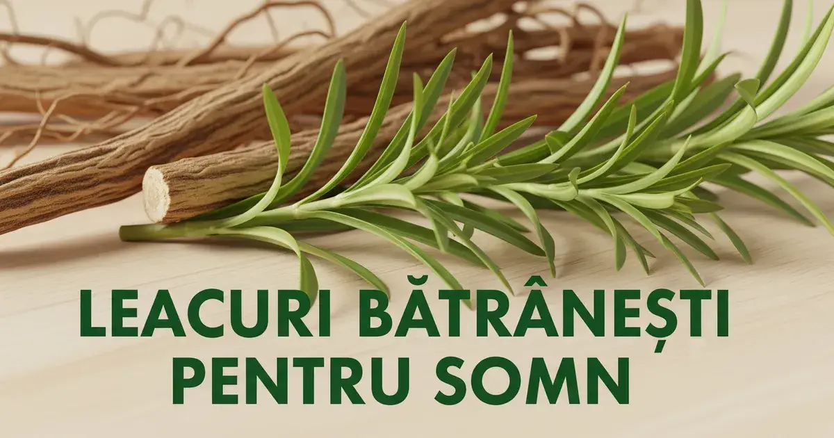 Infografic despre leacuri bătrânești pentru somn – ramură de rozmarin și rădăcini de plante medicinale naturale