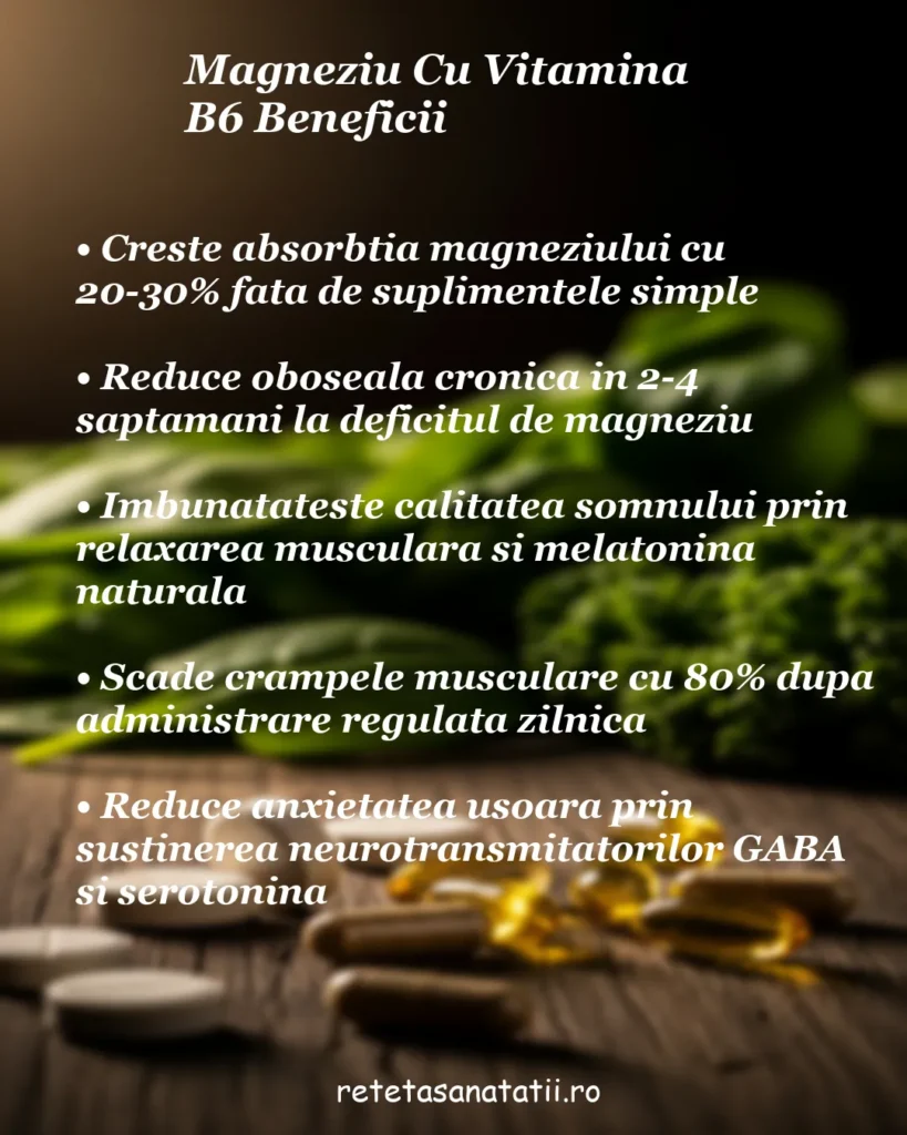 Infografic despre beneficiile magneziului cu vitamina B6: absorbție crescută, oboseală redusă, somn îmbunătățit, crampe musculare și anxietate, pe fundal cu capsule și plante verzi pe lemn