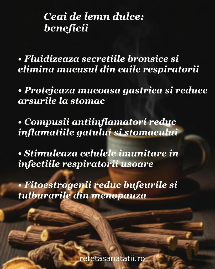 Ceașcă de ceai aburindă cu rădăcini de lemn dulce, fluidizează mucusul, protejează mucoasa gastrică și reduce bufeurile
