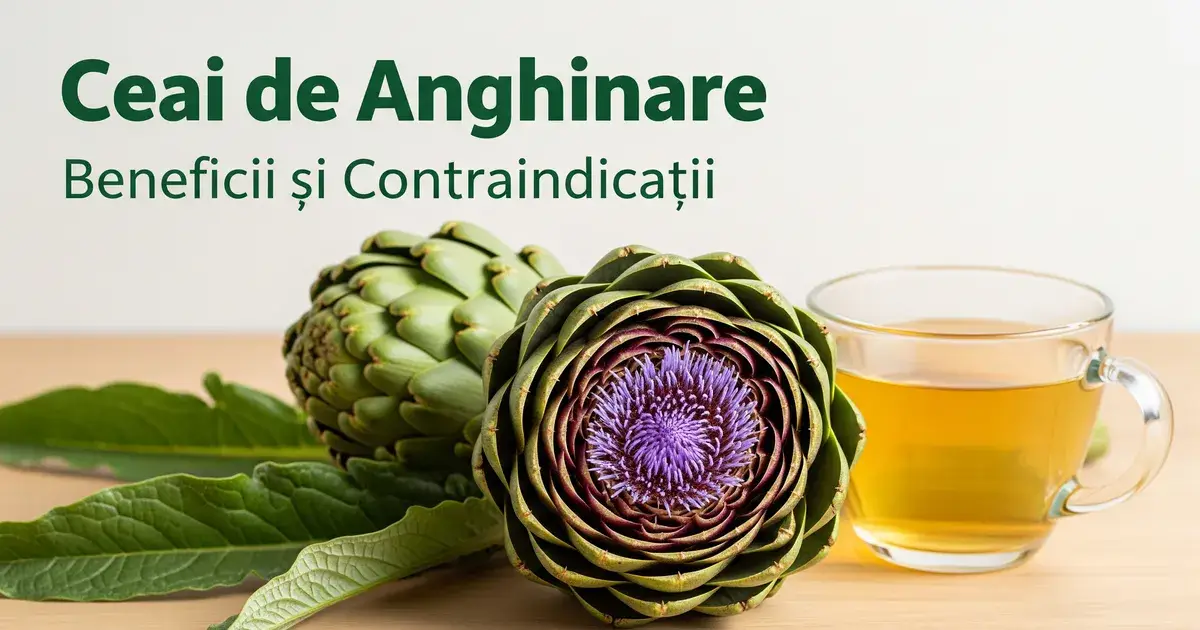 Ceai de anghinare într-o ceașcă lângă o floare de anghinare proaspătă pe masă