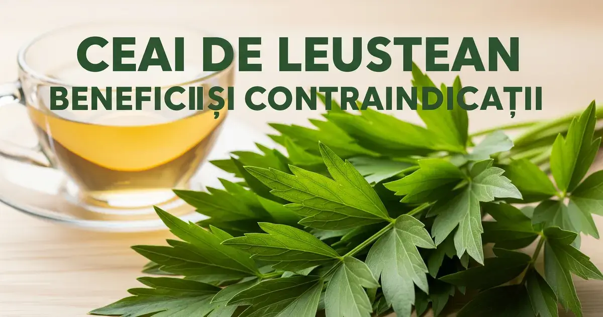 Frunze proaspete de leuștean lângă o cană de ceai de leuștean pe fond deschis, ilustrând articolul despre beneficiile și contraindicațiile acestei plante medicinale.