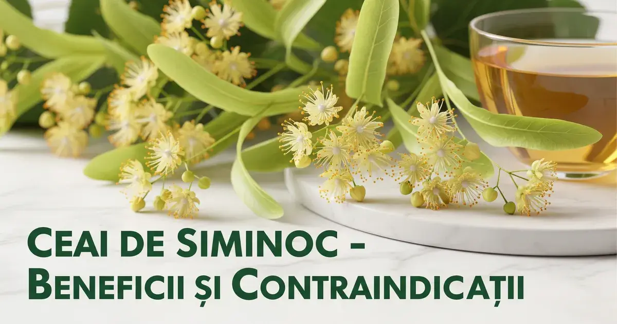 Flori și frunze proaspete de siminoc așezate pe un platou alb de marmură, alături de o cană cu ceai de siminoc, ilustrând articolul despre beneficiile și contraindicațiile acestei plante medicinale.