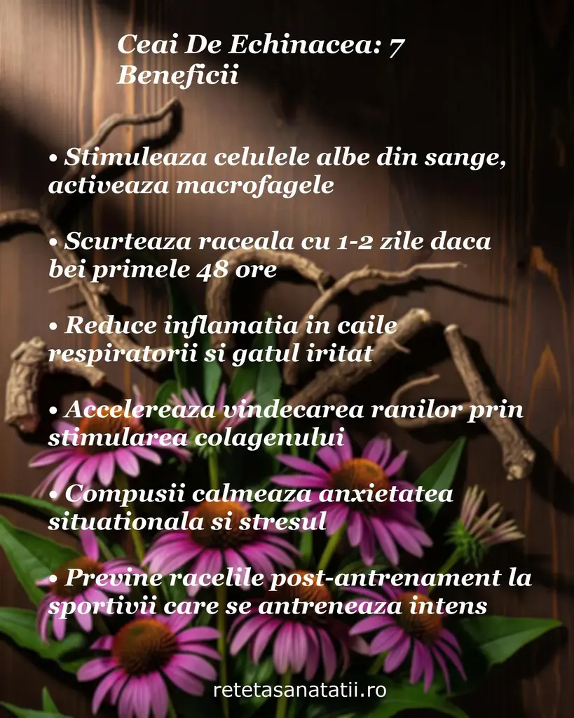 Flori și rădăcini de echinacea pe fundal de lemn, cu text despre stimularea celulelor albe și reducerea inflamației