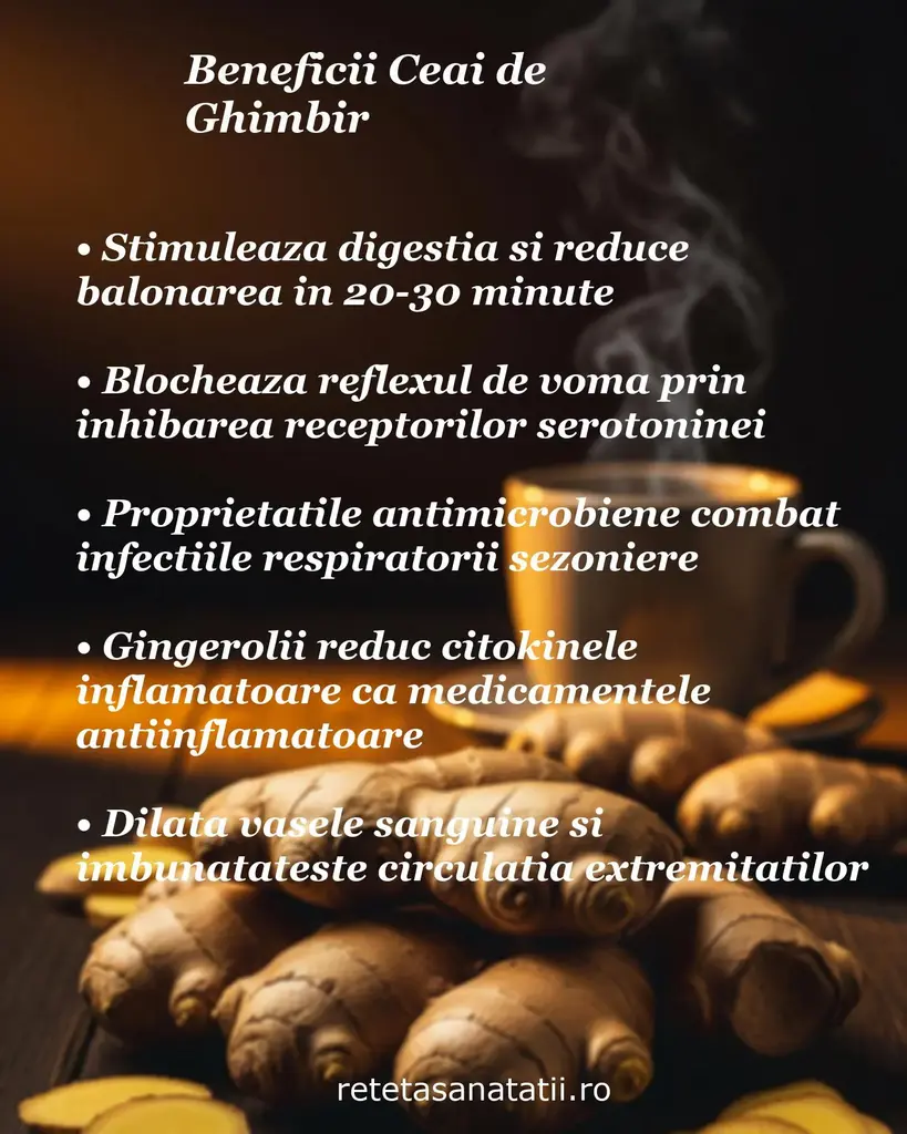 Ceașcă aburindă și rădăcini de ghimbir, text despre stimularea digestiei, reducerea greței și proprietăți antimicrobiene