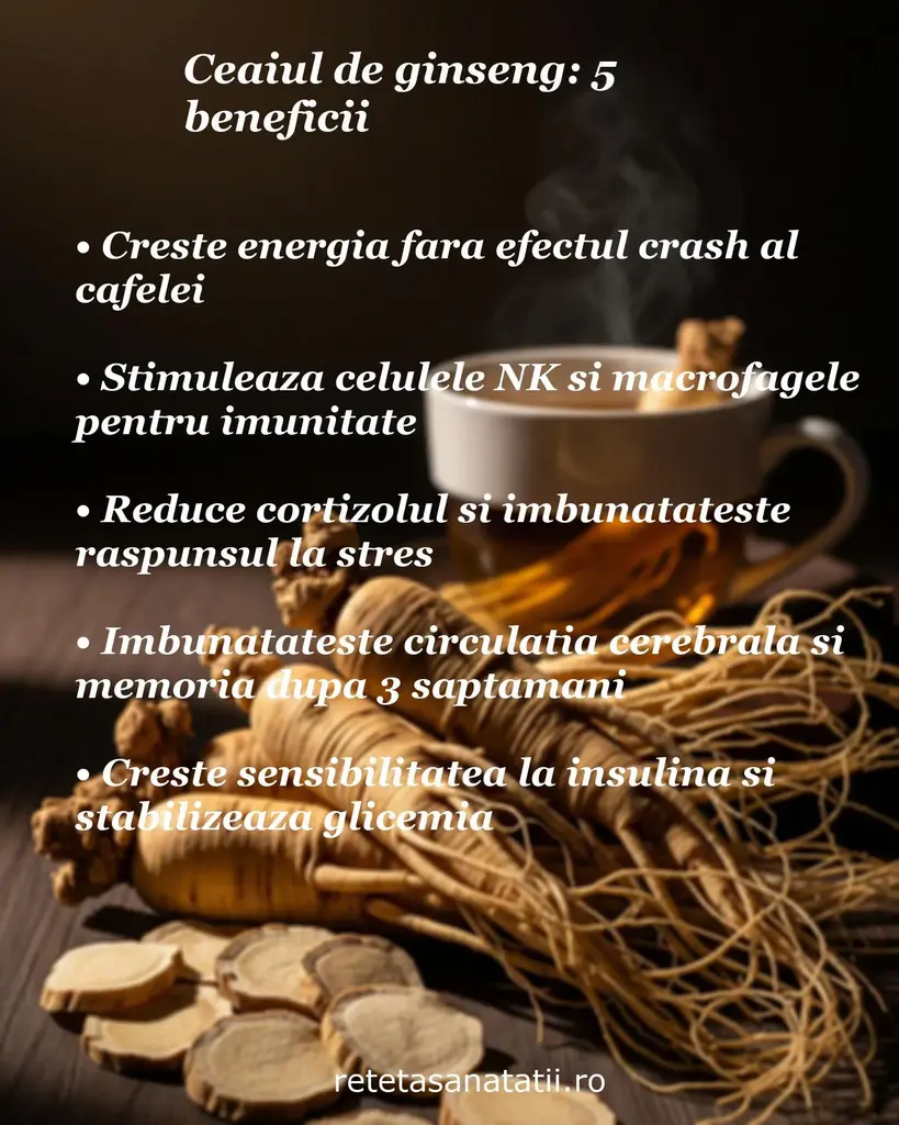 Ceașcă de ceai aburindă cu rădăcini și felii de ginseng, afișează beneficii pentru energie, memorie și imunitate