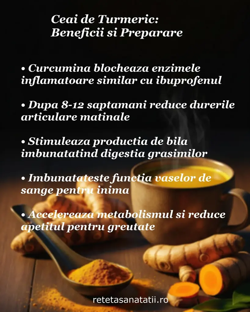 Ceașcă de ceai cu pulbere și rădăcini de turmeric, menționează curcumină antiinflamatoare și reducerea durerilor articulare