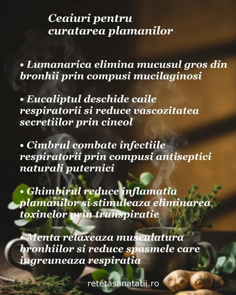 Imagine cu ceaiuri pentru curățarea plămânilor: lumânărica, eucalipt, cimbru, ghimbir, mentă, cești aburinde.